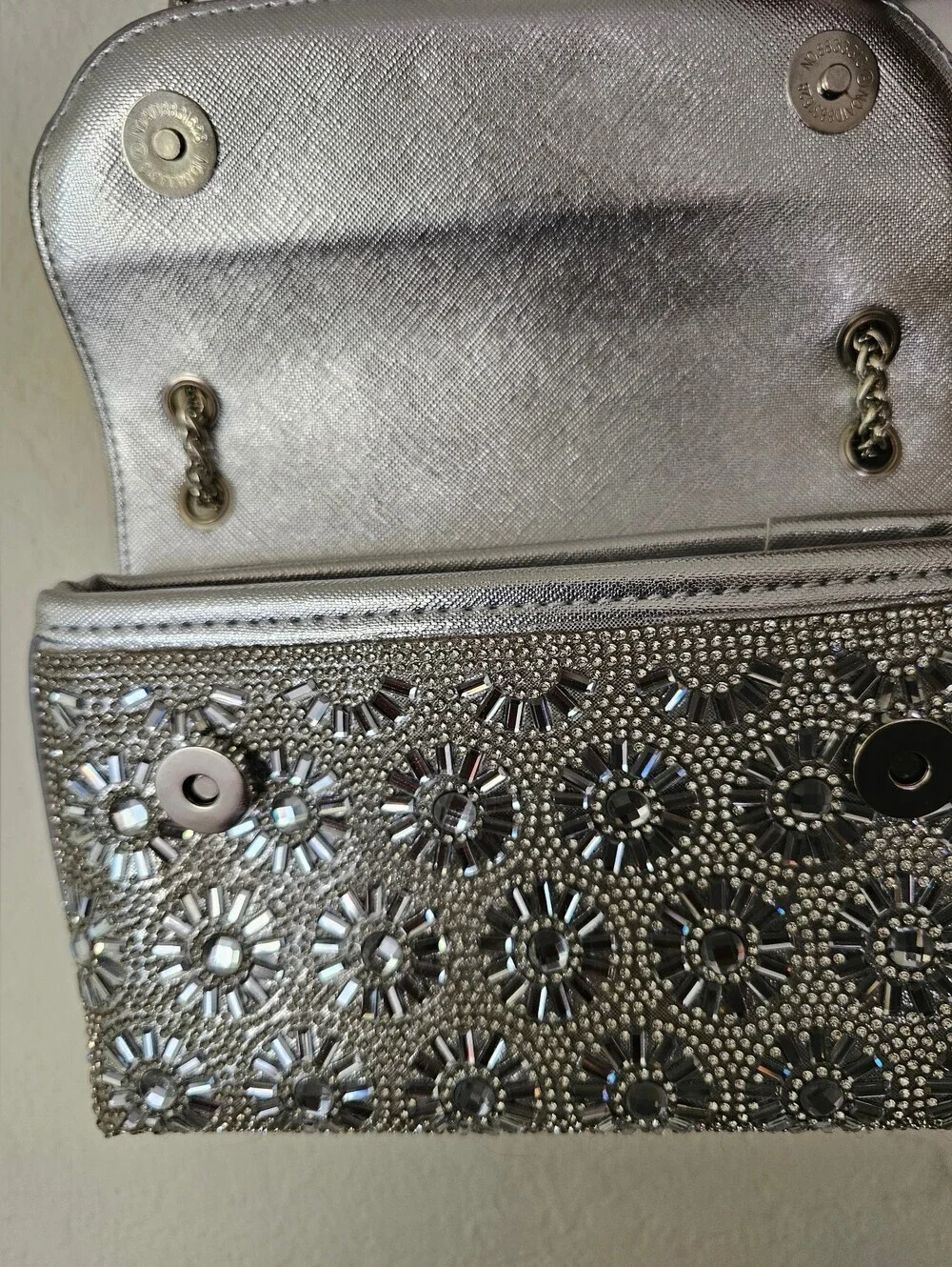 Rhinestone Embellished Silver Evening Clutch with Chain